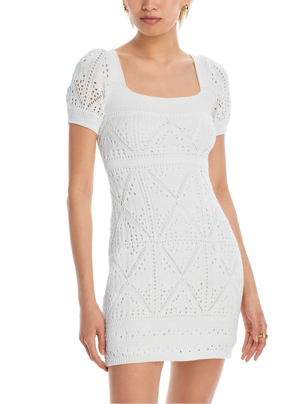 Zara - white crochet mini dress White Knit Square-Neck Mini Dress